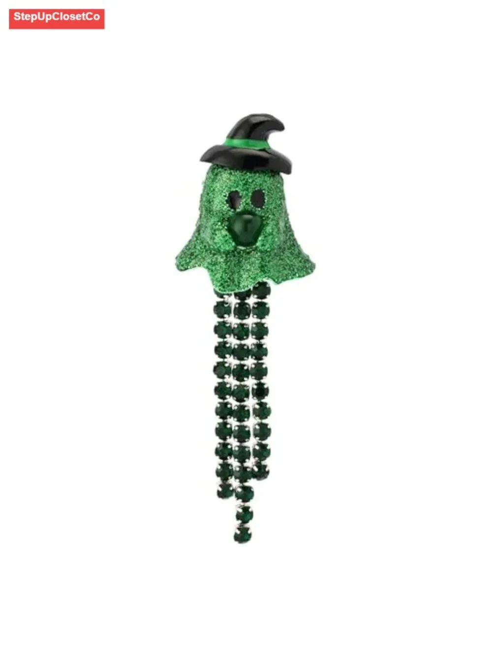 Halloween Witch Ghost Fringe Brooch Pin Green Glitter Jewelry